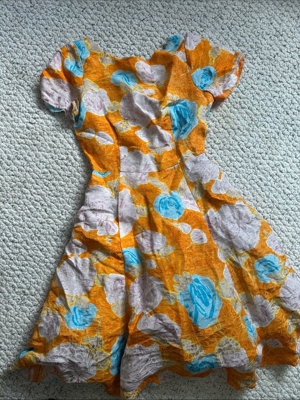 Tracy Reese Orange Floral Midi Dress with Blue and Cream Blooms